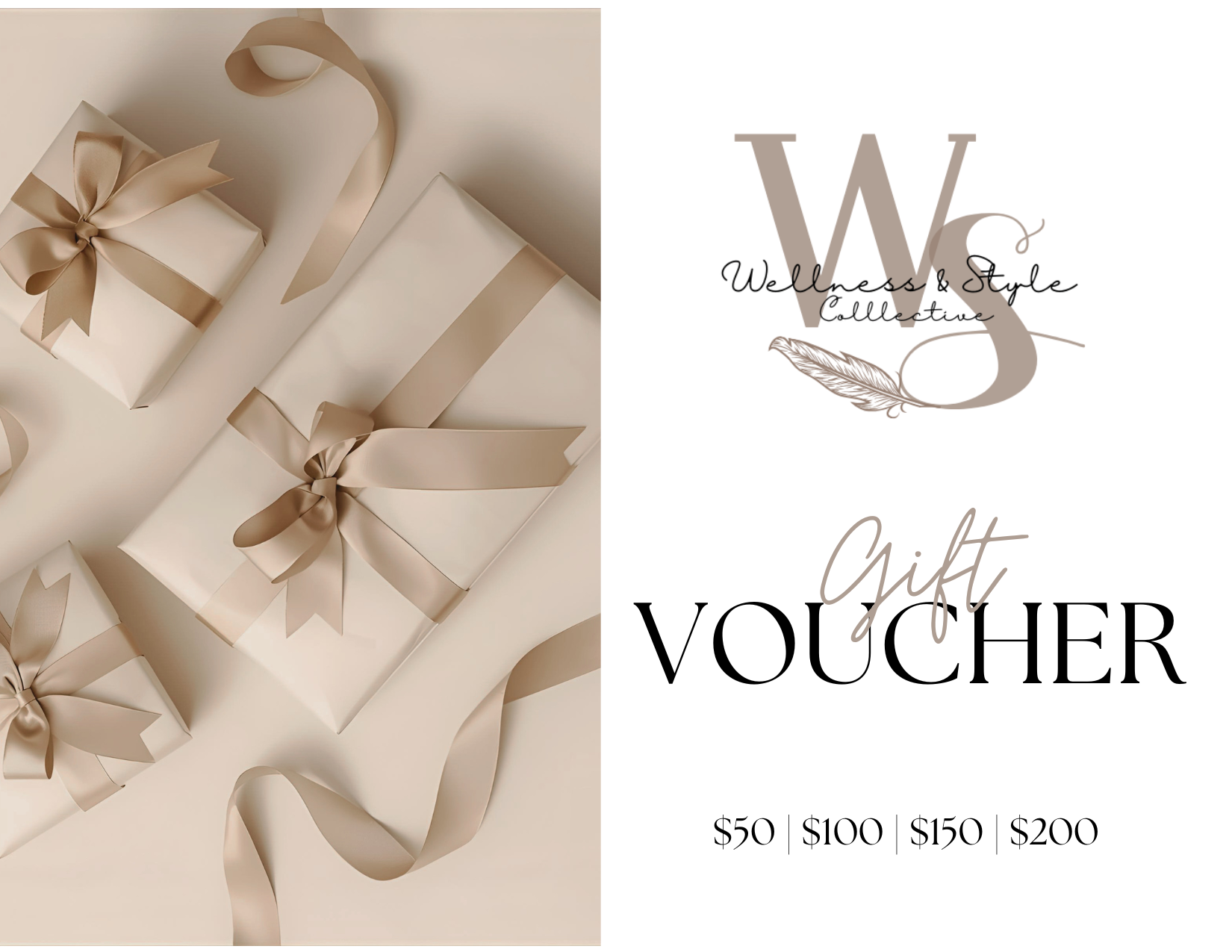 Gift voucher with beige gift boxes and ribbons on a white background, featuring the 'WS' logo.